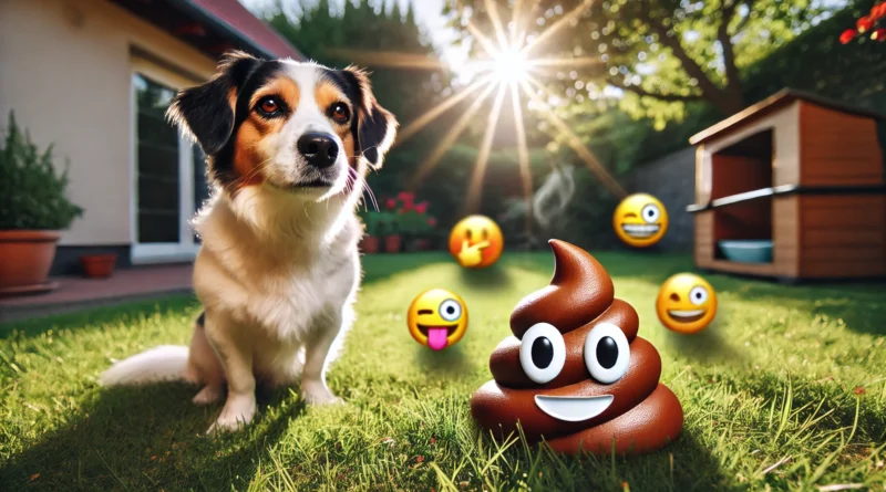 imagem com um cachorro em um quintal e fezes estilizadas com emojis próximas