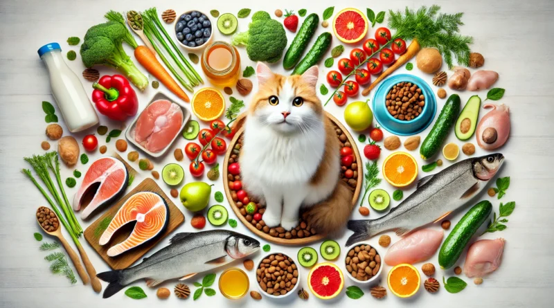 imagem relacionada ao tema, destacando alimentos saudáveis e seguros para gatos.