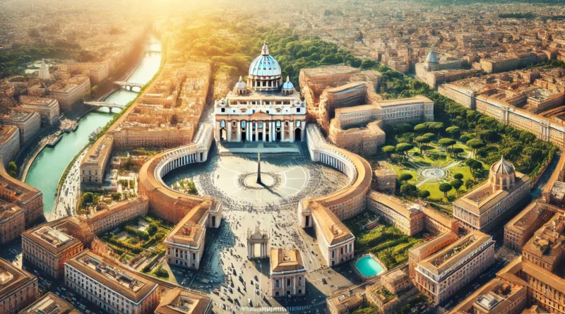 imagem destaca a Cidade do Vaticano, incluindo pontos icônicos como a Basílica de São Pedro, a Capela Sistina e os Jardins do Vaticano.